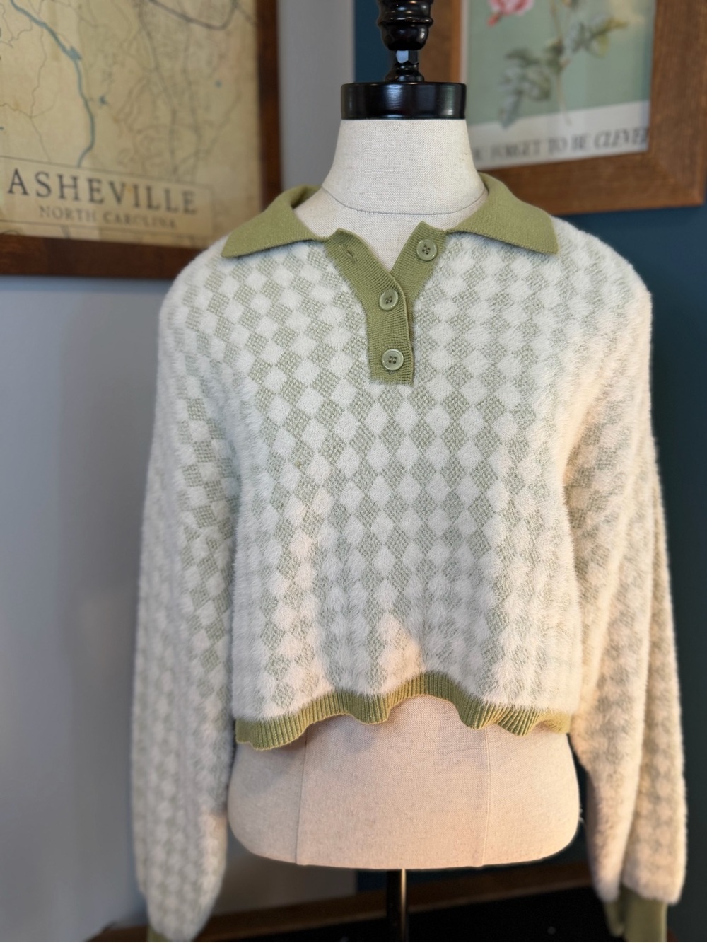Olive & Cream Knit Polo Crop Sweater